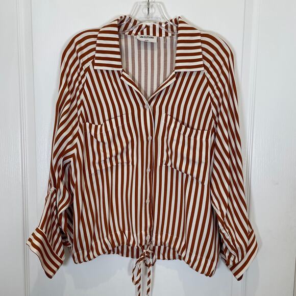 Evereve LNA Alpine Drawstring Button Down Shirt Brown Ivory Relaxed Beachy M - Picture 3 of 8